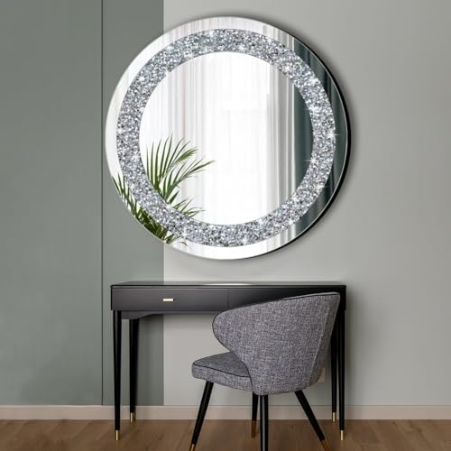 QMDECOR Round Wall Mirror 28x28 inch Crystal Crush Diamond Decor - Image 3