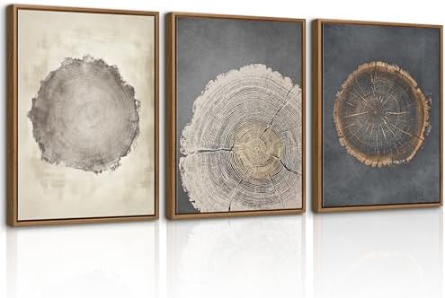 3Pcs Neutral Tree Ring Framed Canvas Wall Art Beige Gray Paintings 12"x16" by WENGTIAO