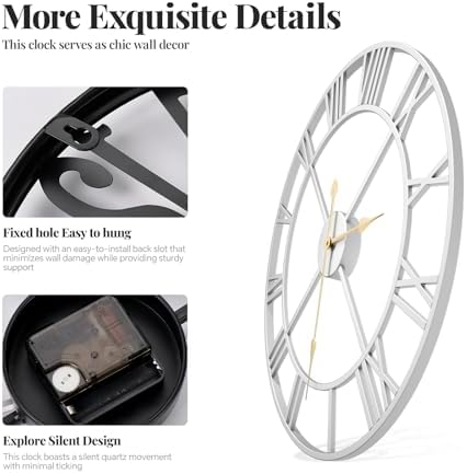 Cuspin 24 Inch Wall Clock Large Silver Decorative Modern Metal Clocks - Image 5