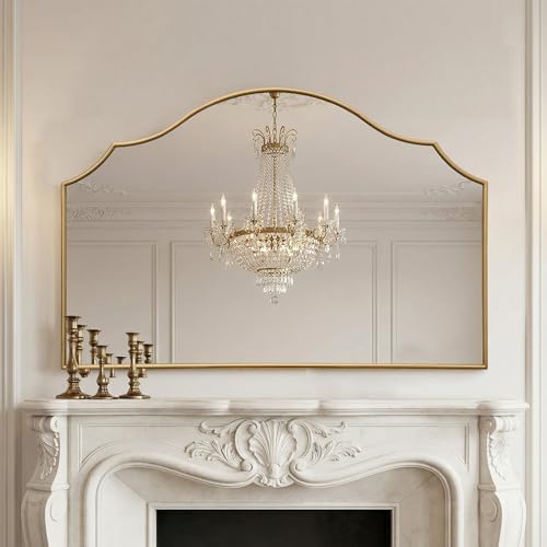 Besdomus Gold Scalloped Wall Mirror: 47"x31" Large Wooden Fireplace Mirror by Besdomus
