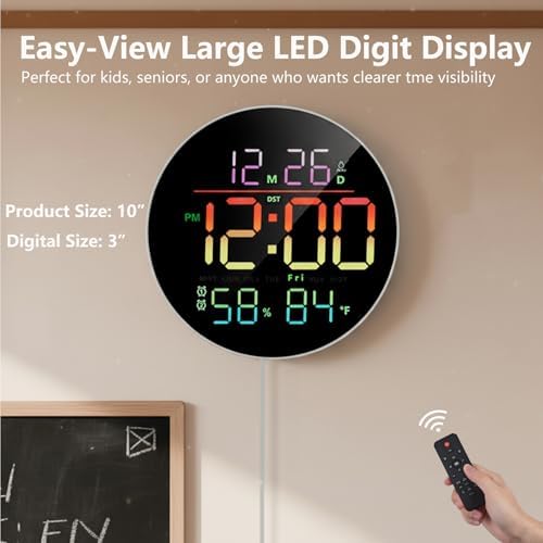 10" Round Digital Wall Clock for Bedroom, 13-Color RGB Model Large LED Display - Image 6