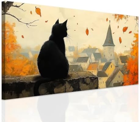SWQYLB Autumn Pictures Wall Art Black Cat Fall Decor Halloween Animal Canvas by SWQYLB