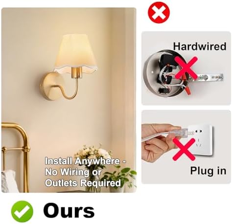 ADISUN Battery Operated Wall Sconce Set of 2, Cream Rattan Shade, Wireless Wall - Image 6