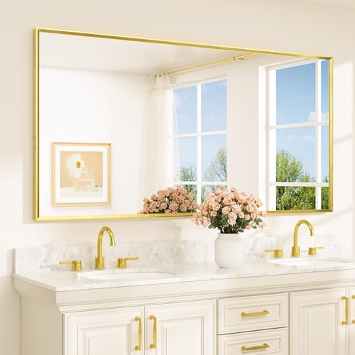 TETOTE Brushed Gold Mirror Beveled Frame 72" x 36" Large Brass Gold Rectangle by TETOTE