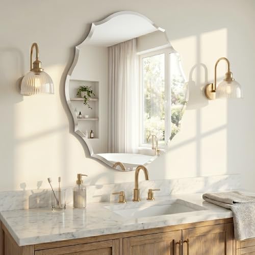 22" x 28" Frameless Scalloped Wall Mirror, Beveled Edge Bathroom Vanity Mirror - Image 3