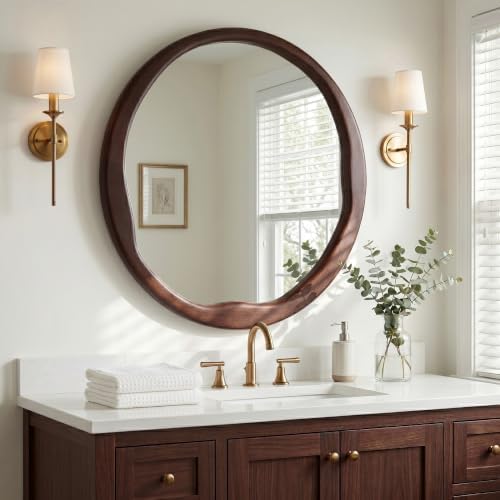 Dark Walnut 24 Inch Round Wood Wall Mirror, Asymmetrical Inner Edge - Image 6