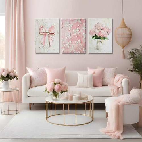 3Pcs Trendy Pink Bows Canvas Wall Art Cute Girly Coquette Watercolor Hydrangea - Image 4