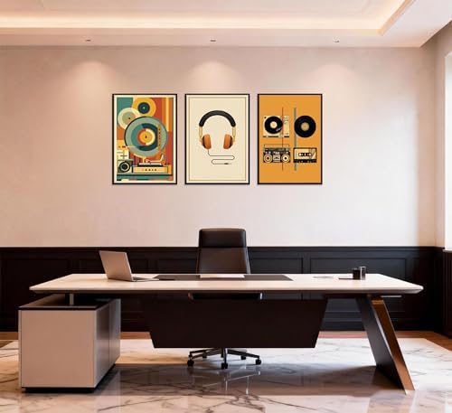 3Pcs Vintage Music Canvas Wall Art MidCentury Modern Vinyl Turntable Painting - Image 3