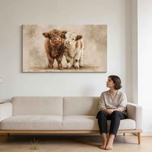 Highland Cow Calves Canvas Wall Art Large Retro Calf Decor Painting Picture - Image 5