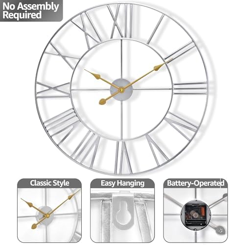 Sorbus Big Wall Clock, Roman Numeral Decor, Battery Operated - Image 3