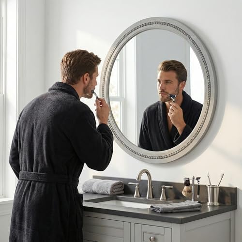 Solid Wood 30 Inch Round Beaded Vanity Wall Mirror, Weathered Gray - Image 4
