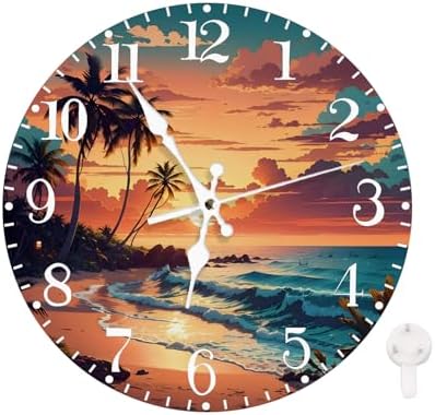 Wall Clock, Tropical Beach Sunset Silent Non Ticking Clock, Modern Round by Unknown
