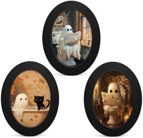 3Pcs Funny Ghost Halloween Bathroom Oval Wall Art Framed Spooky Decor by Unknown
