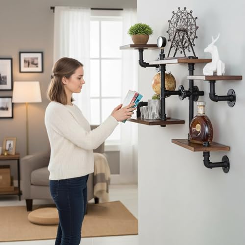Industrial Pipe Shelves, Wall Ladder Shelving, Corner Wood Bookshelf - Image 2