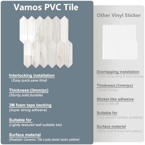 Vamos Tile Glossy Wood Marble Grain Backsplash Tile Peel and Stick, 12.8 x 12.8 - Image 4
