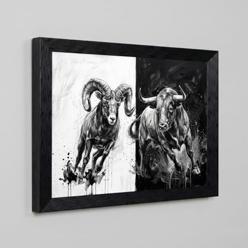Framed Canvas Wall Art Mixed Media Charging Bull and Mountain Ram Monochrome - Image 5