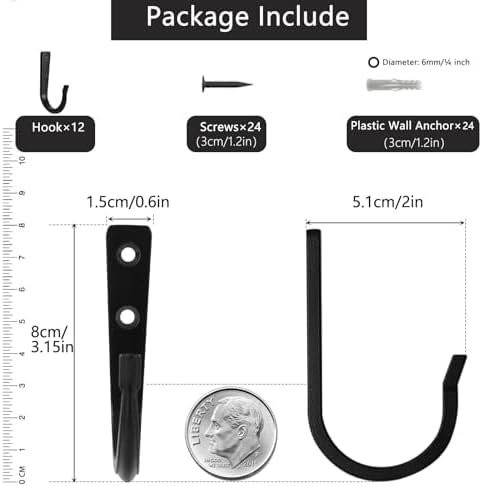 12Pcs Wall Hooks for Hanging Coat/Towel - 50LB Screw in Metal Hanger Wall Mount - Image 2
