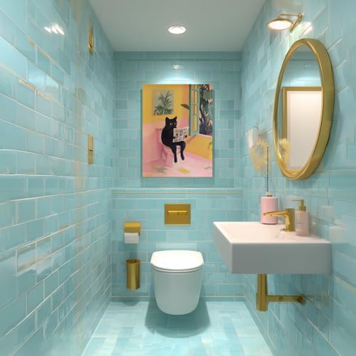 Cyebmo Funny Bathroom Wall Art, Cute Black Cat Sitting on Toilet Reading - Image 6