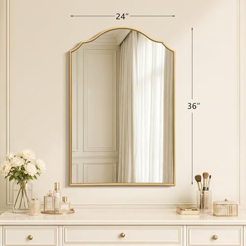 Besdomus Bathroom Mirrors for Over Sink: 24"x36" Gold Wooden Arched Mirror - Image 4