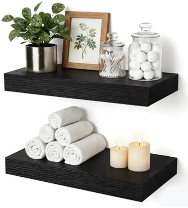 Black Floating Shelves for Bathroom, 12 Inch Wooden Shelf Set of 2 by Mifurn