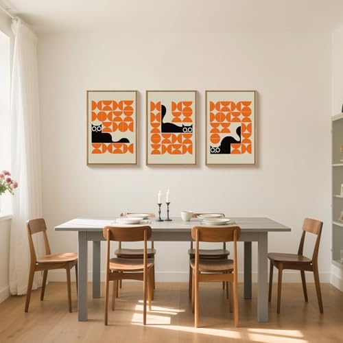 HOURIA Mid Century Geometric Black Cat Framed Canvas Wall Art Set, Abstract - Image 4