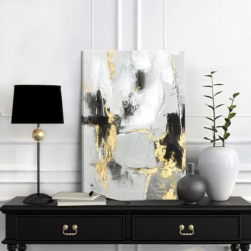 Framed Abstract Black Gold Wall Art Set of 2, Modern Black White Gold Canvas - Image 7