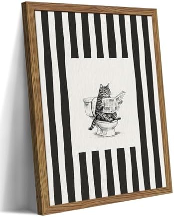 Framed Vintage Bathroom Cat Canvas Wall Art, Funny Black Sketch Cat Reading by Unknown