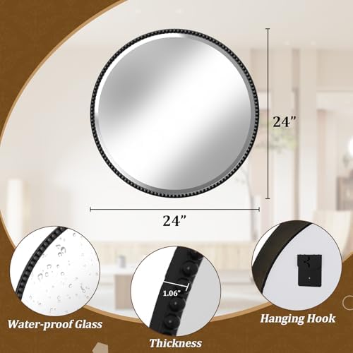 24'' Round Bathroom Mirror, Beaded Circle Decorative Wall Mirror - Image 4