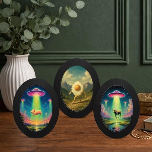 3Pcs Funny Whimsical UFO Animal Oval Wall Art Framed Home Decor - Image 4