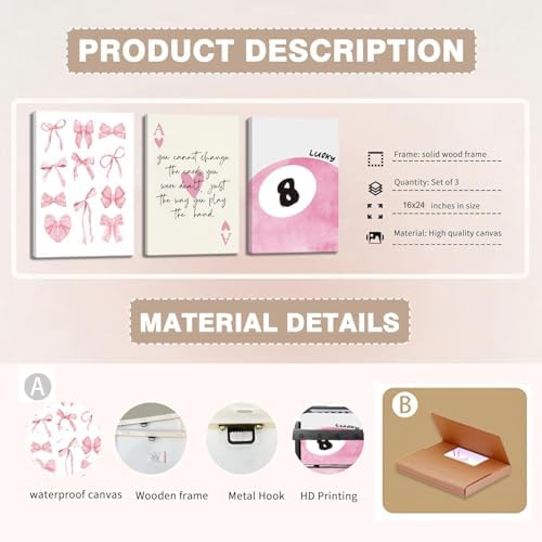 Trendy Pink Bows Canvas Wall Art Set of 3, Vintage Preppy Lucky 8 Ball Wall - Image 5