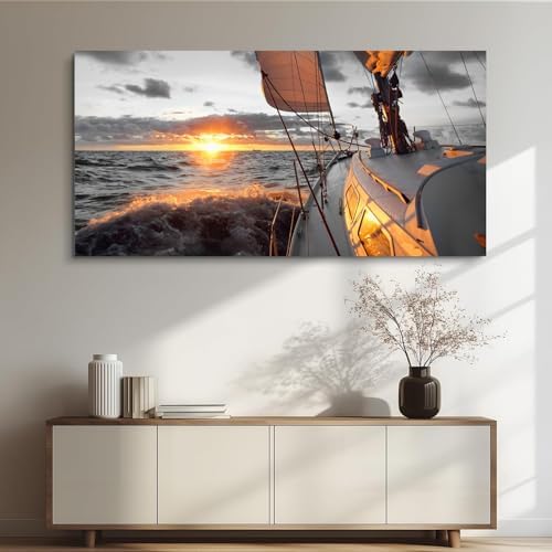 Yxbhhym Coastal Wall Art Black and White Sunset Boat Beach Painting Large - Image 3