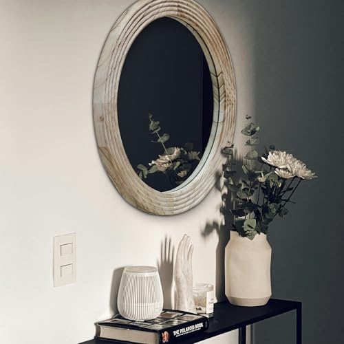 LOSOUR Round Mirror, Farmhouse Decor Solid Wood Frame Wall Circle Mirror - Image 6
