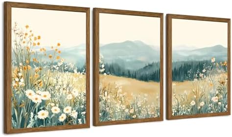 AVECCO 3 Pieces Wildflower Meadow Mountain Framed Canvas Wall Art 12x16 in by Unknown