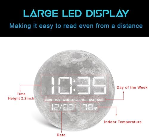 Digital Desk & Shelf Clock, LED Moon/Earth Design, Temperature Display - Image 3