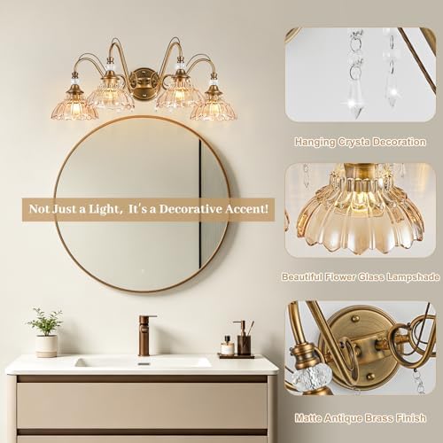 Vintage Bathroom Vanity Light, 4-Light Matte Antique Brass Finish Wall Sconce - Image 4