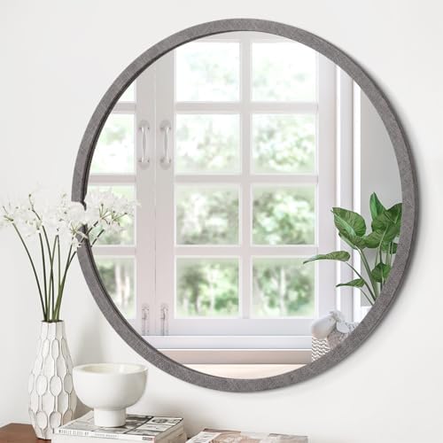 JJUUYOU Round Mirror Wall Mounted Circle Mirror Yellow Round Vintage Wood Frame by JJUUYOU