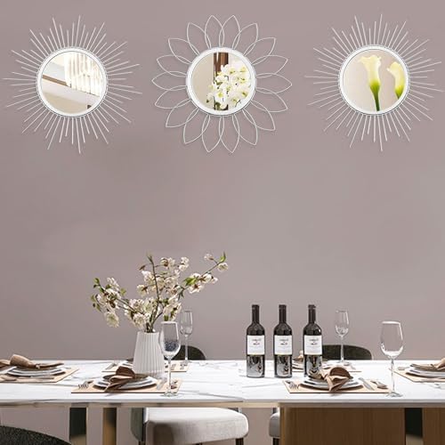3 Pack Metal Mirrors for Wall Sunburst Wall Mirror Silver Wall Art Décor - Image 5
