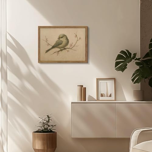 Framed Vintage Bird Canvas Wall Art, Cute Rustic Bird on Peach Blossom Print - Image 6
