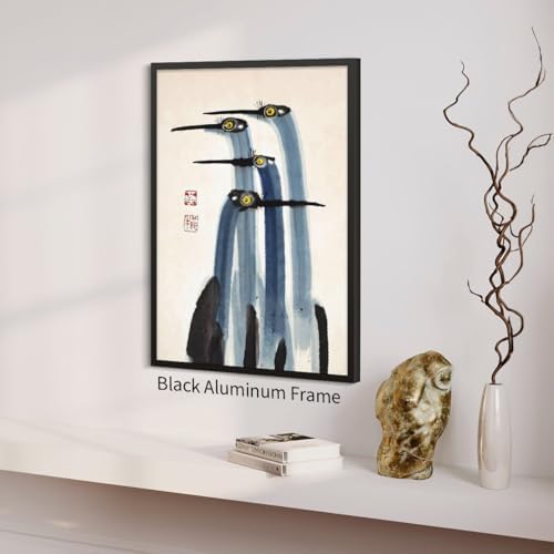 Vintage Japanese Crane Black Framed Poster Antique Asian Bird Canvas Wall Art - Image 5
