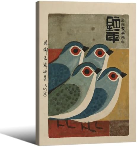 Mid Century Japanese Bird Wall Art Retro Blue Bird Canvas Poster 16x24 inch by Unknown
