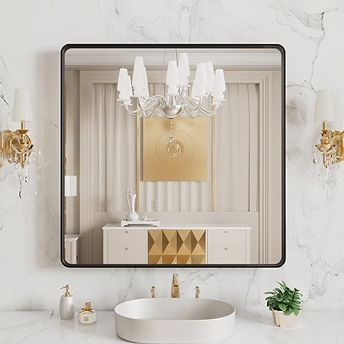 LOAAO 38x38 Inch Black Bathroom Mirror Metal Framed by LOAAO