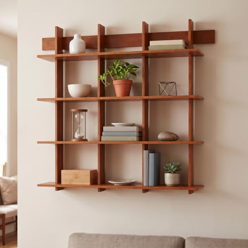 Lauxery 4-Tier Bamboo Wall Mounted Bookshelf, Rustic Brown, 43x53 in - Image 6