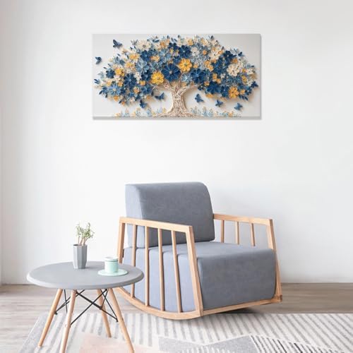 Blue Floral Tree Butterfly Canvas Wall Art Decor - Image 6
