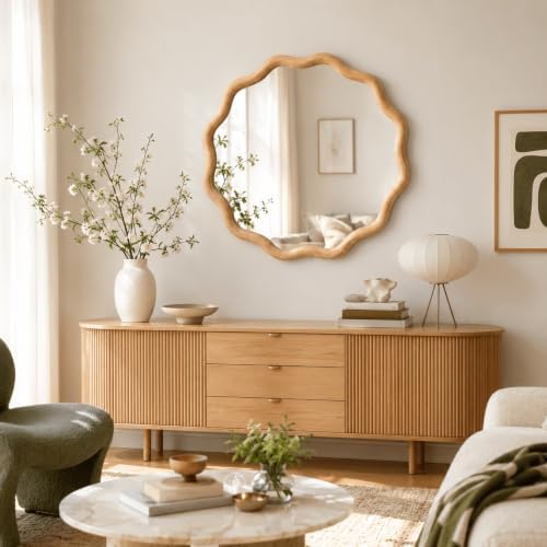 Furnaza 24" Round Wall Mirror, Wooden Boho Wavy Mirror - Image 6