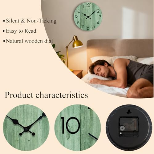 8 Inch Small Wall Clock, Silent Non-Ticking Green Rustic Wall Clock - Image 2
