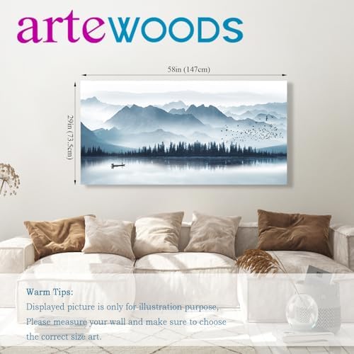 arteWOODS Indigo Canvas Wall Art Misty Mountain Wall Pictures Foggy Lake Boat - Image 2