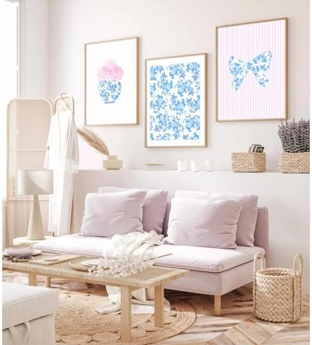 Pink Blue Flower Wall Art Bow Chinoiserie Canvas Wall Art Decor Watercolor - Image 4