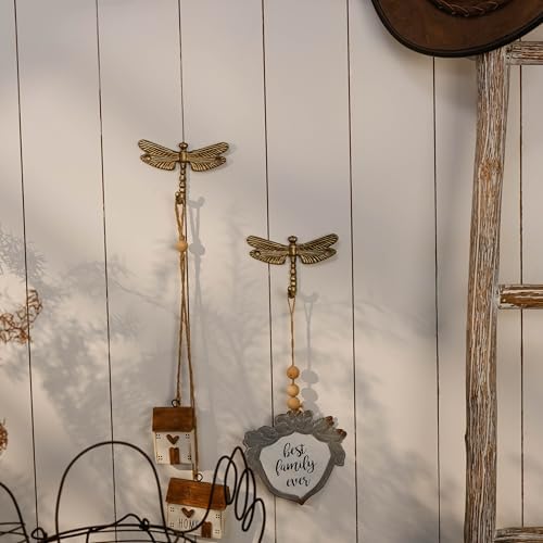 SOFFEE DESIGN 2PCS Metal Golden Dragonfly Wall Hooks, Rustic Bathroom Kitchen - Image 4