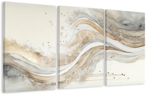 AVECCO Triptych Abstract Gold Grey Wave Wrapped Wall Art Canvas 20x30 Inch by Unknown