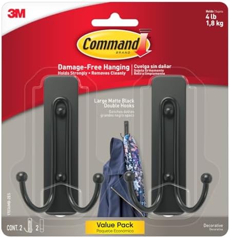 Command Large Matte Black Double Hooks, 2 Hooks and 2 Strips, Damage Free by Command